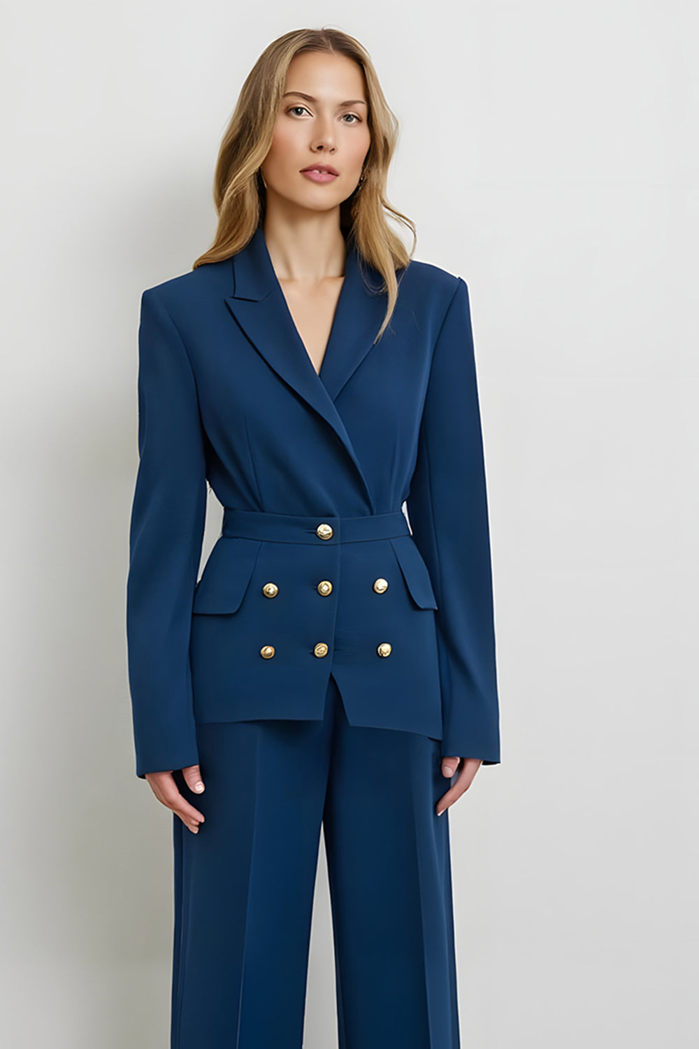 Dark Blue Double-Breasted 2-Piece Satin Work Suits
