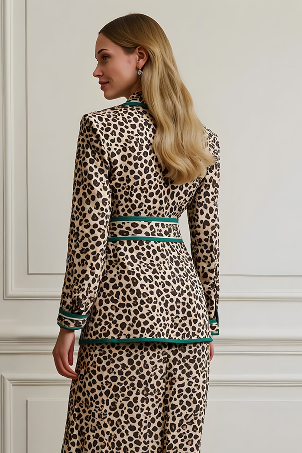 Coffee Leopard Notched Lapel 2 Piece Work Dress