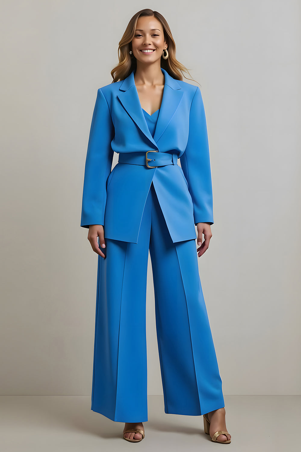 Blue Notched Lapel 2 Piece Women's Prom Suit with Belt