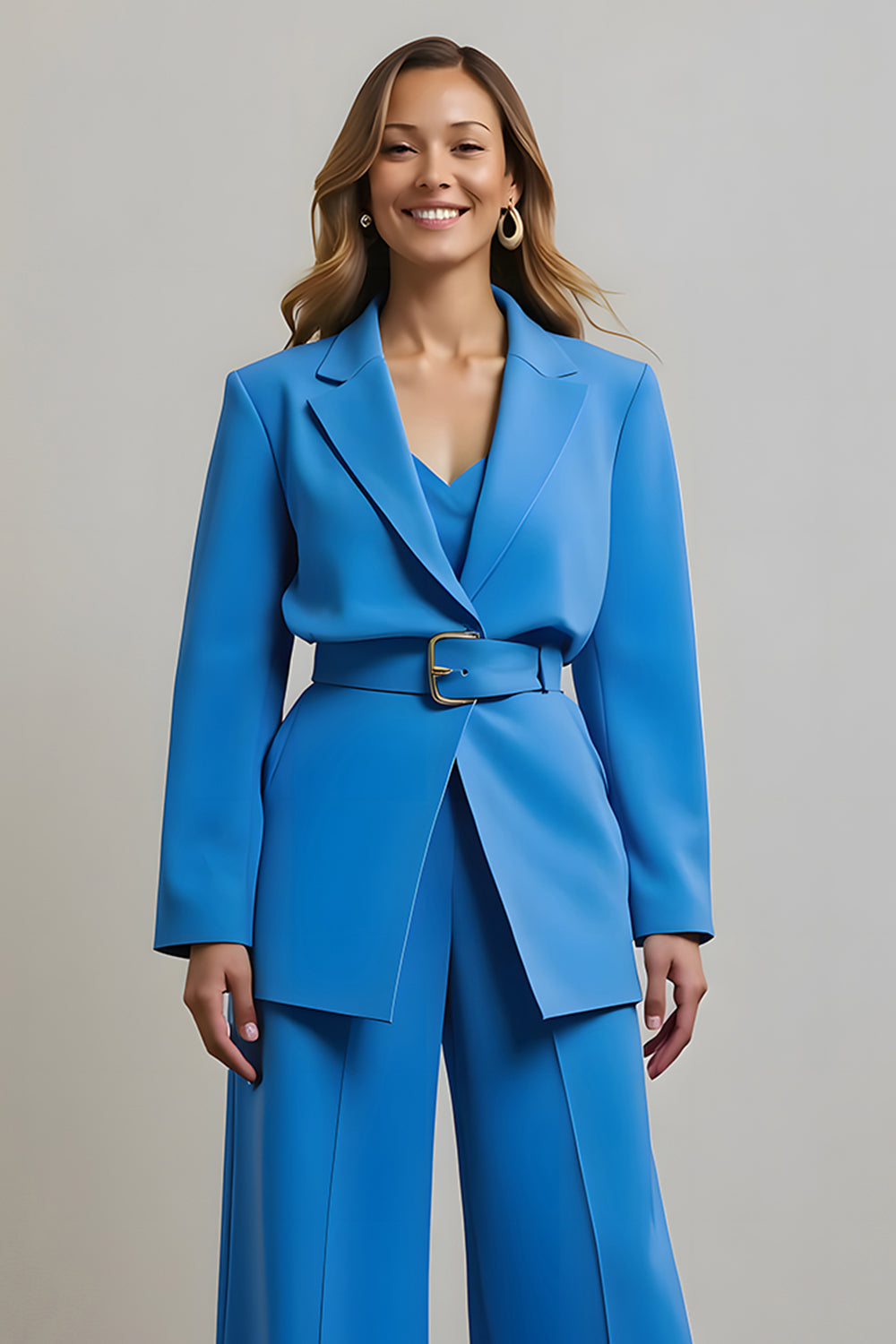Blue Notched Lapel 2 Piece Women's Prom Suit with Belt