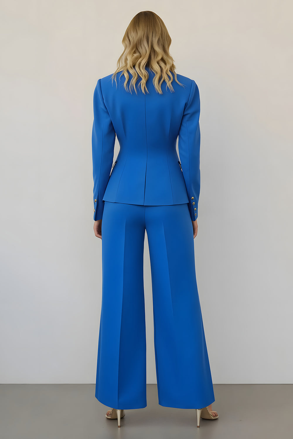 Blue 2 Piece Satin Single Breasted Business Suits with Pockets