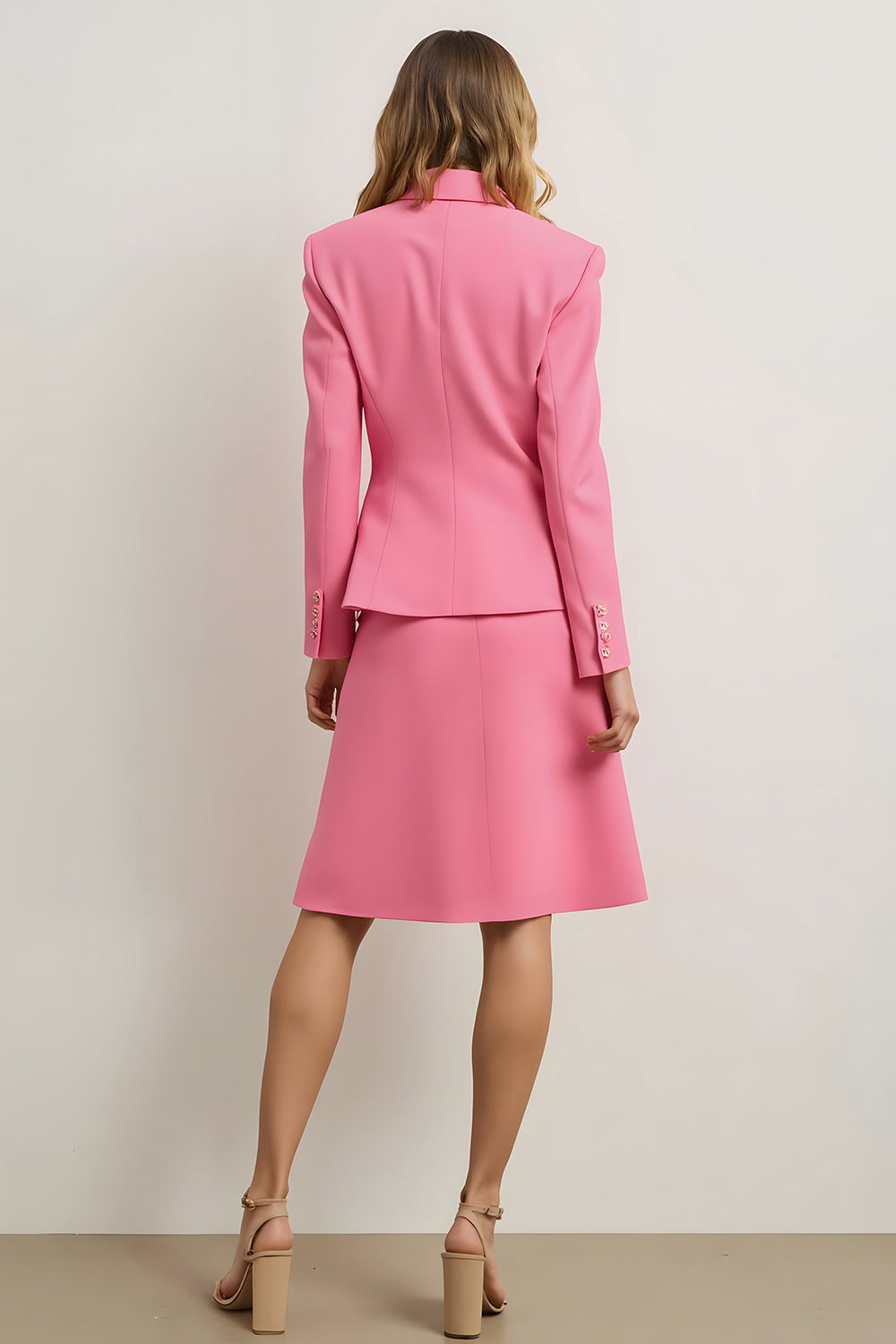 2-Piece Pink A-Line Notched Lapel Midi Business Suit with 3D Flower