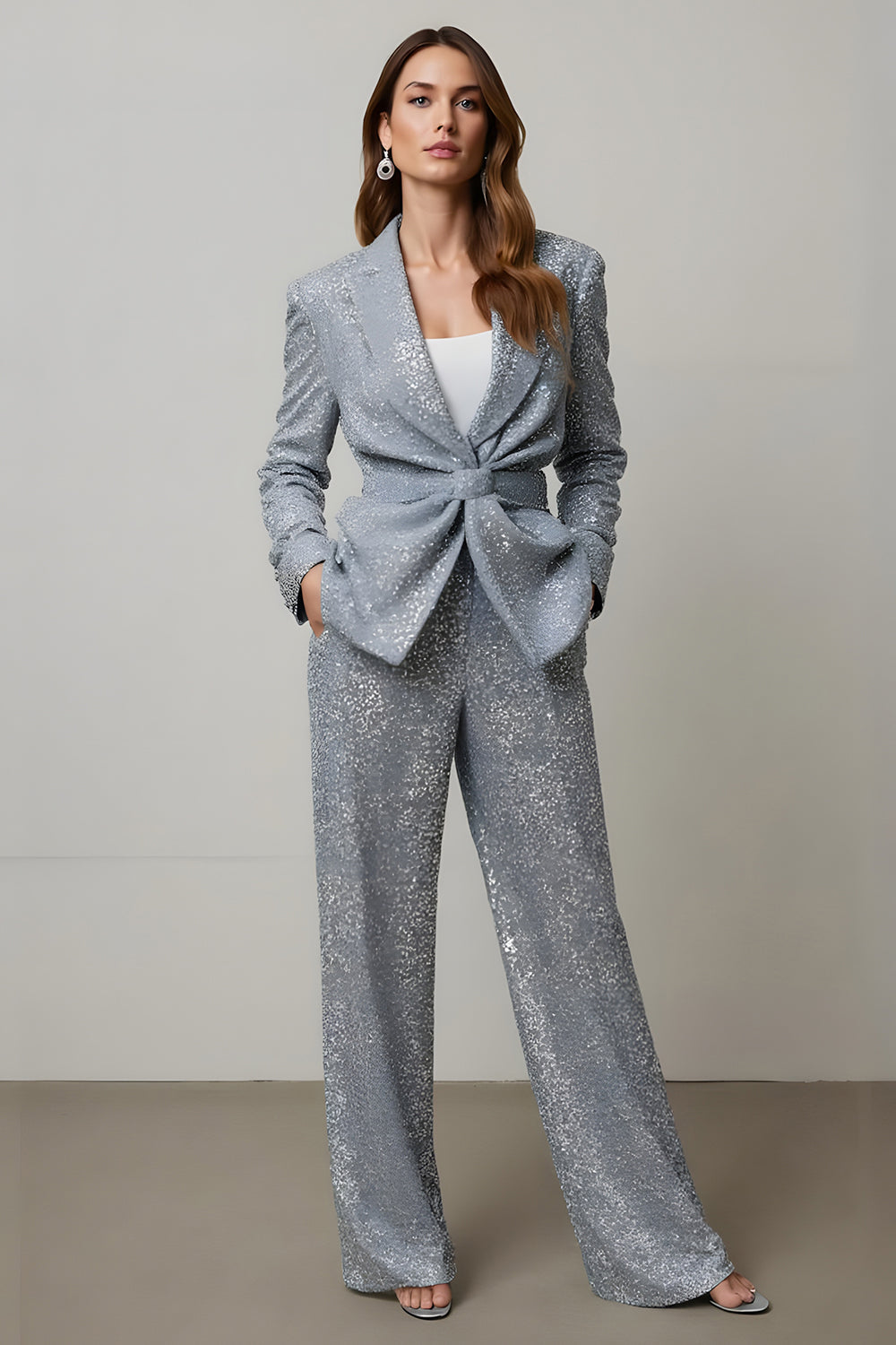 Ensembles de costume de bal à paillettes gris étincelant 2 pièces avec poches pour femme