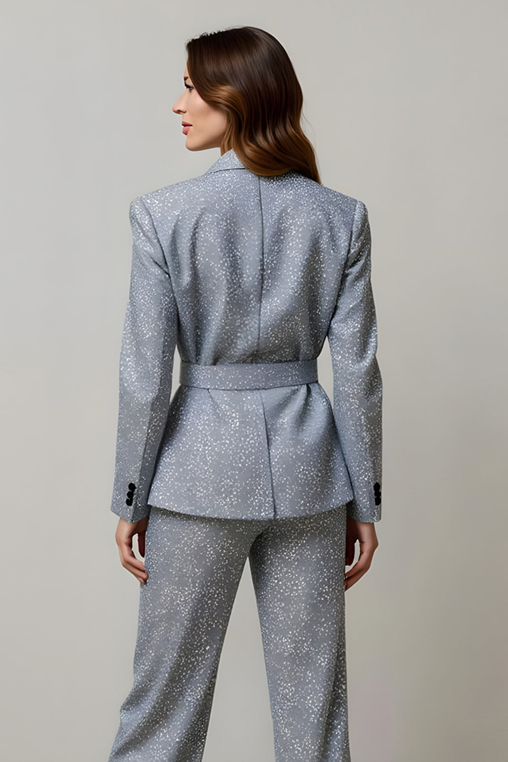 Ensembles de costume de bal à paillettes gris étincelant 2 pièces avec poches pour femme