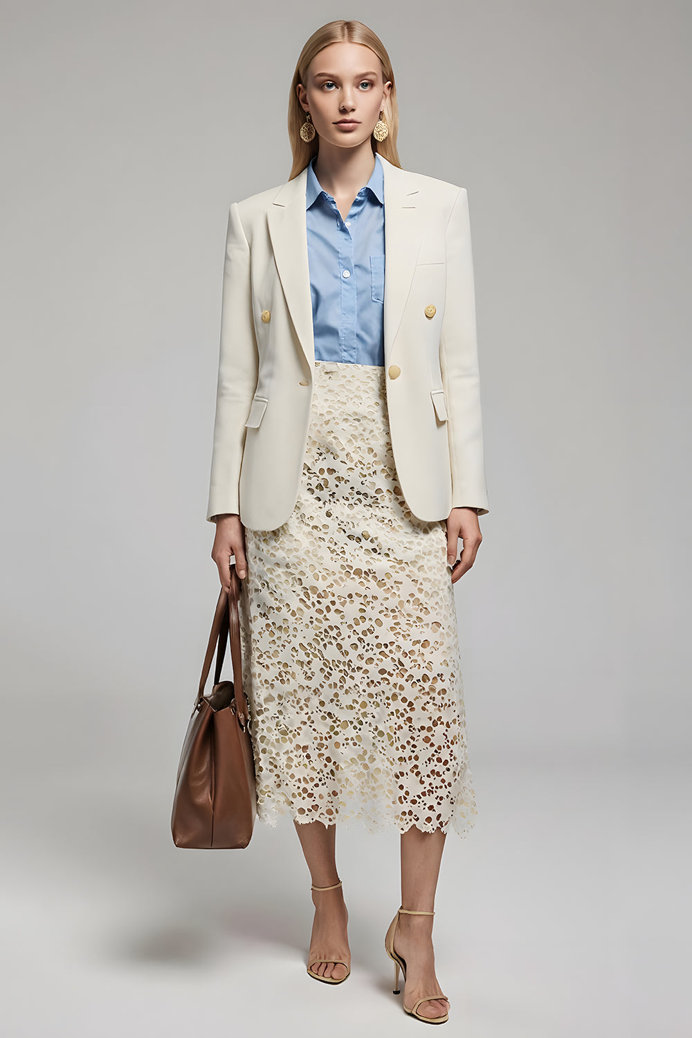 Ivory 2 Piece Notched Lapel Lace Pencil Business Suits