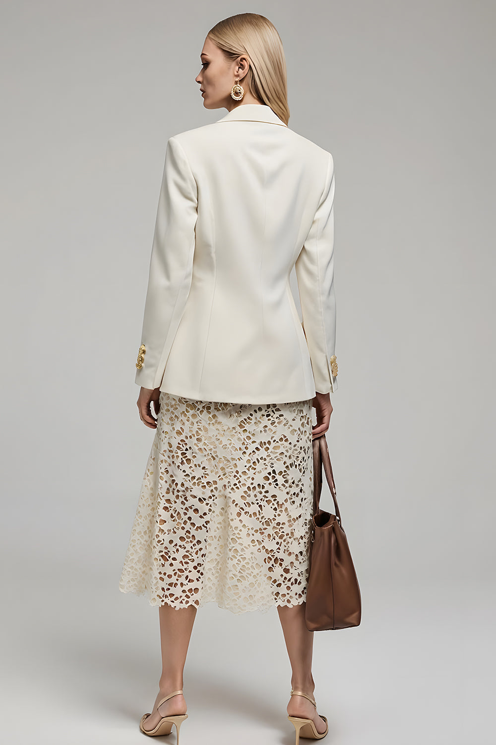 Ivory 2 Piece Notched Lapel Lace Pencil Business Suits
