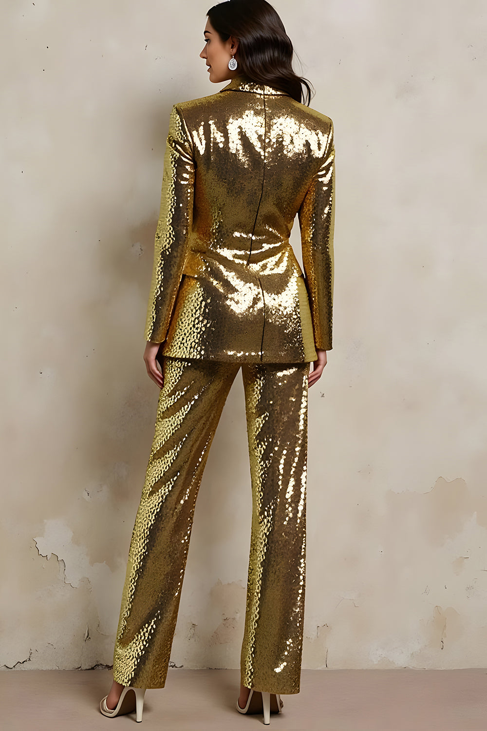 Sparkly Gold Sequin 2 Piece Peak Lapel Prom Suits