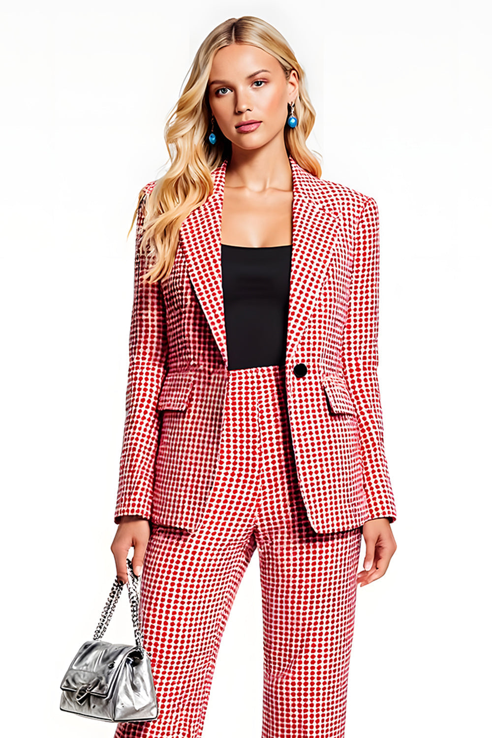 Red Plaid 2 Piece Notched Lapel Business Suits