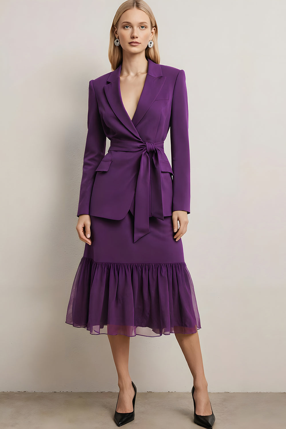 Dark Purple 2 Piece Peak Lapel Pencil Midi Business Suits