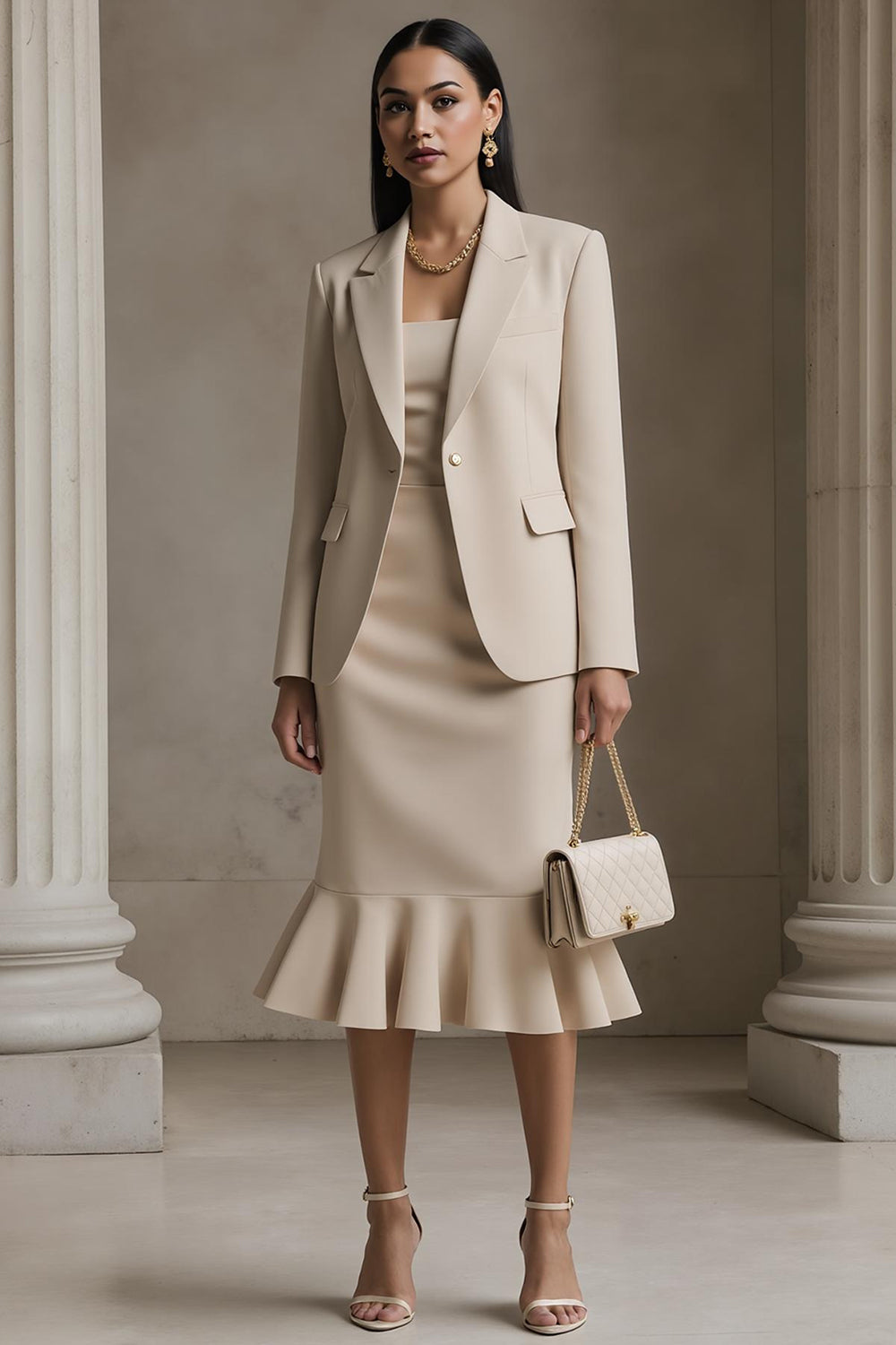 Champagne 2 Piece Notched Lapel Pencil Midi Business Dress