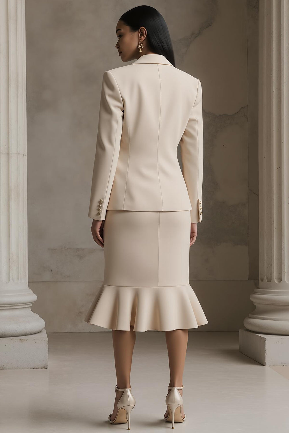 Champagne 2 Piece Notched Lapel Pencil Midi Business Dress