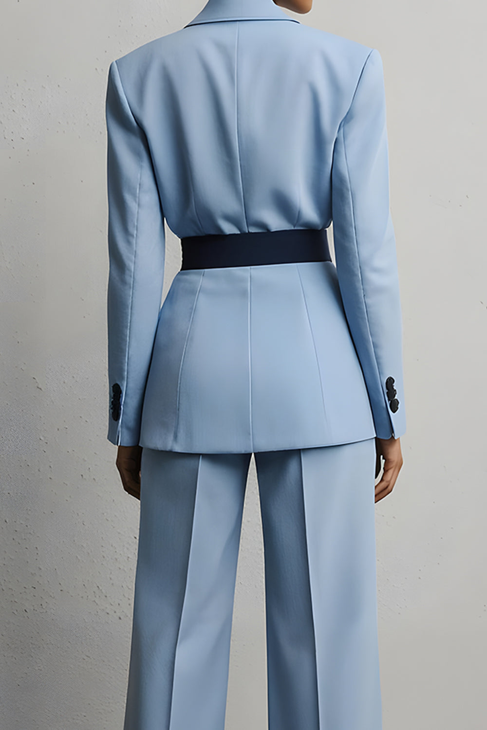 Costumes d'affaires 2 pièces bleu clair à revers pointus avec ceinture