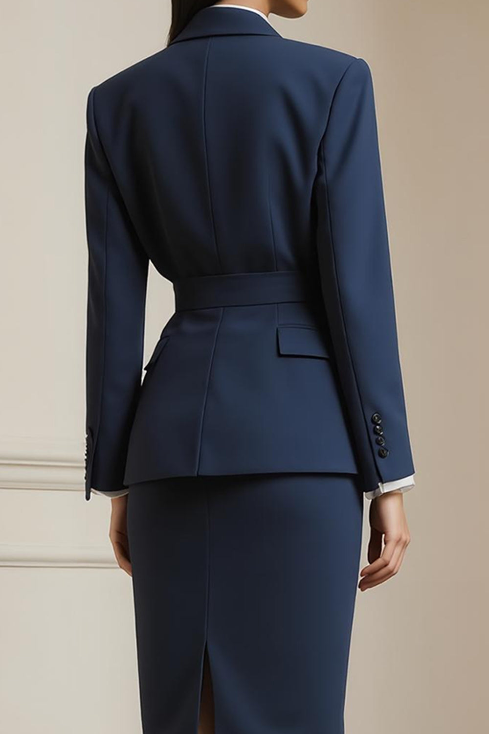Tailleur-jupe crayon bleu marine 2 pièces à revers crantés avec ceinture