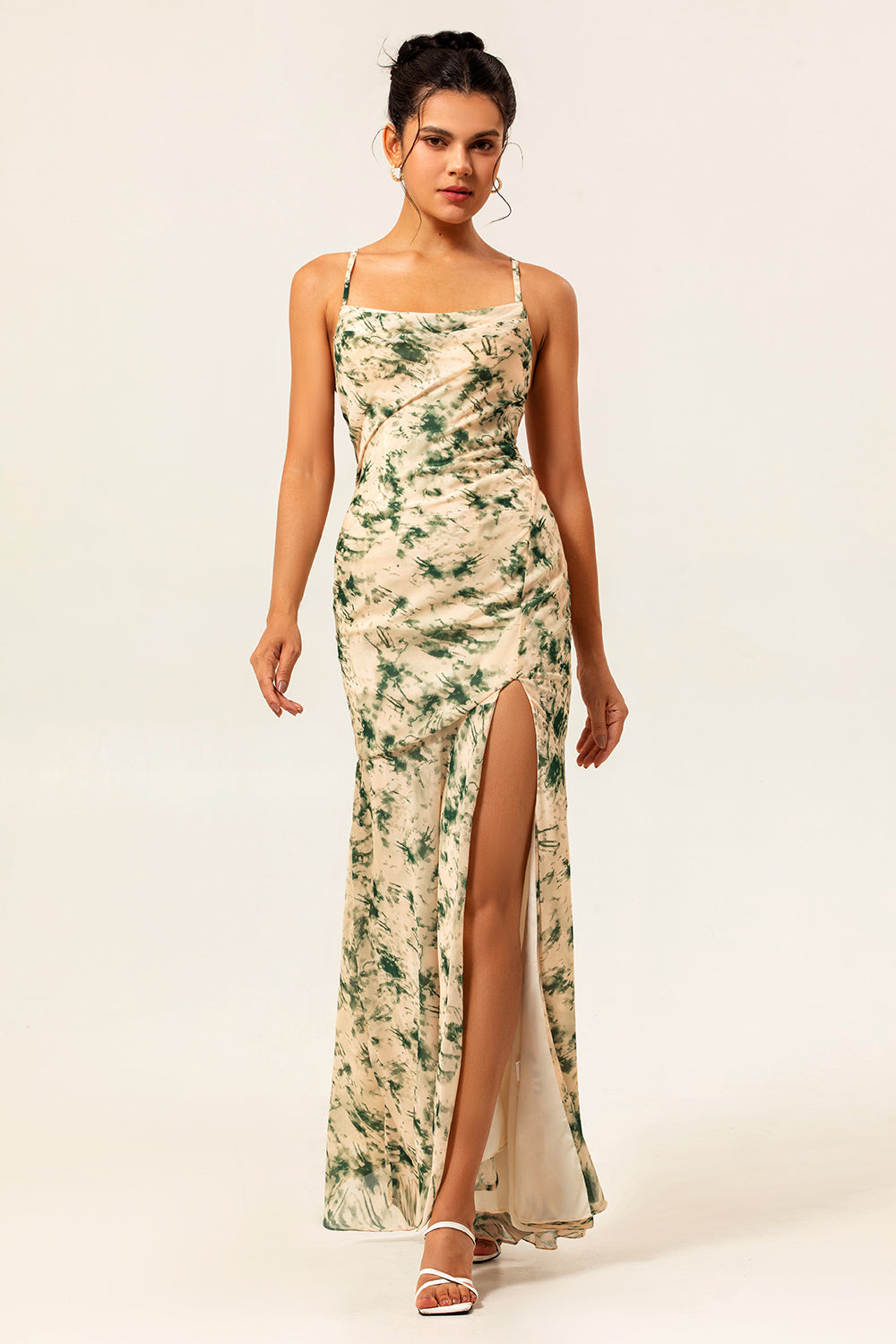 Robe de demoiselle d'honneur sirène fendue imprimée florale champagne