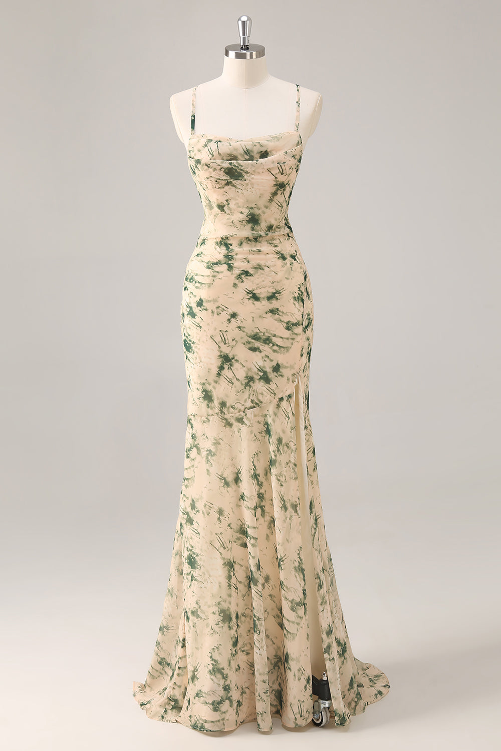 Robe de demoiselle d'honneur sirène fendue imprimée florale champagne