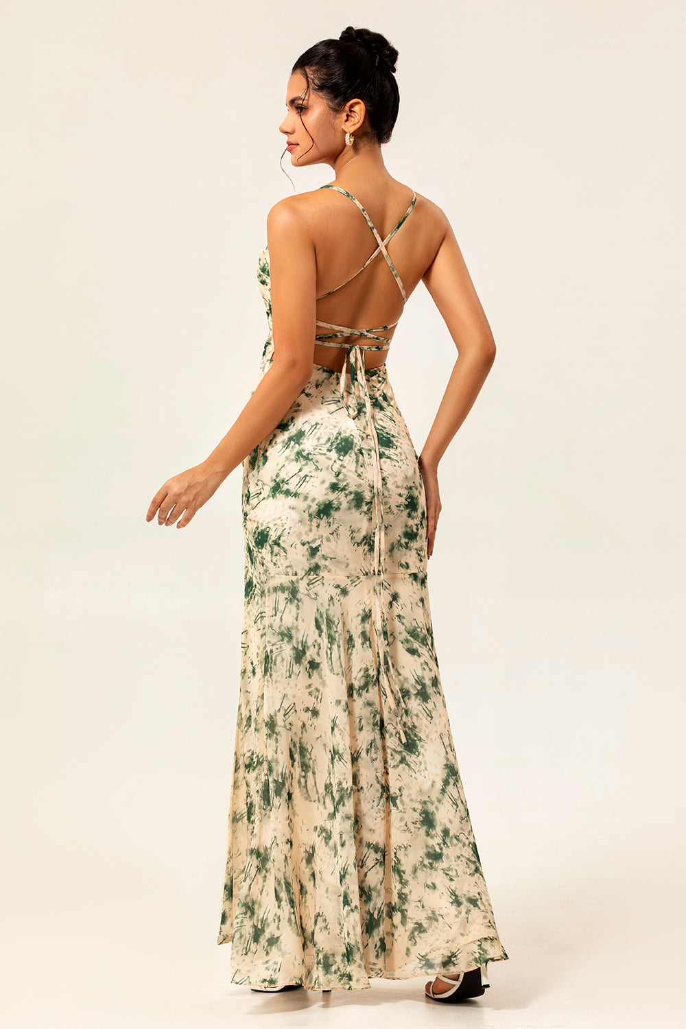 Robe de demoiselle d'honneur sirène fendue imprimée florale champagne