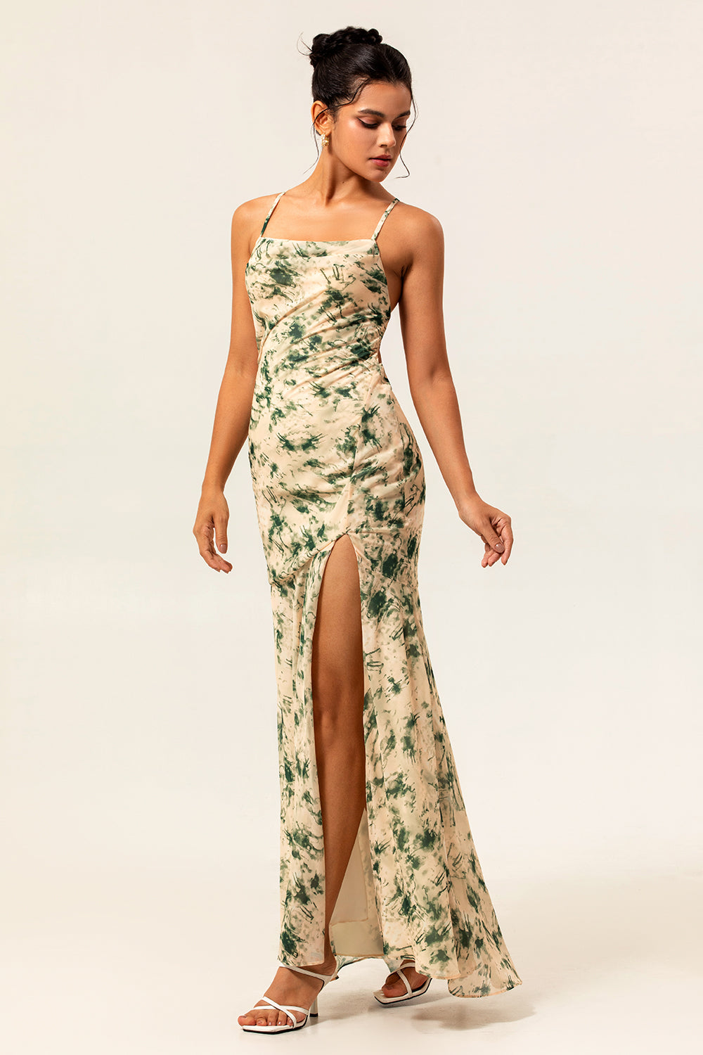 Robe de demoiselle d'honneur sirène fendue imprimée florale champagne