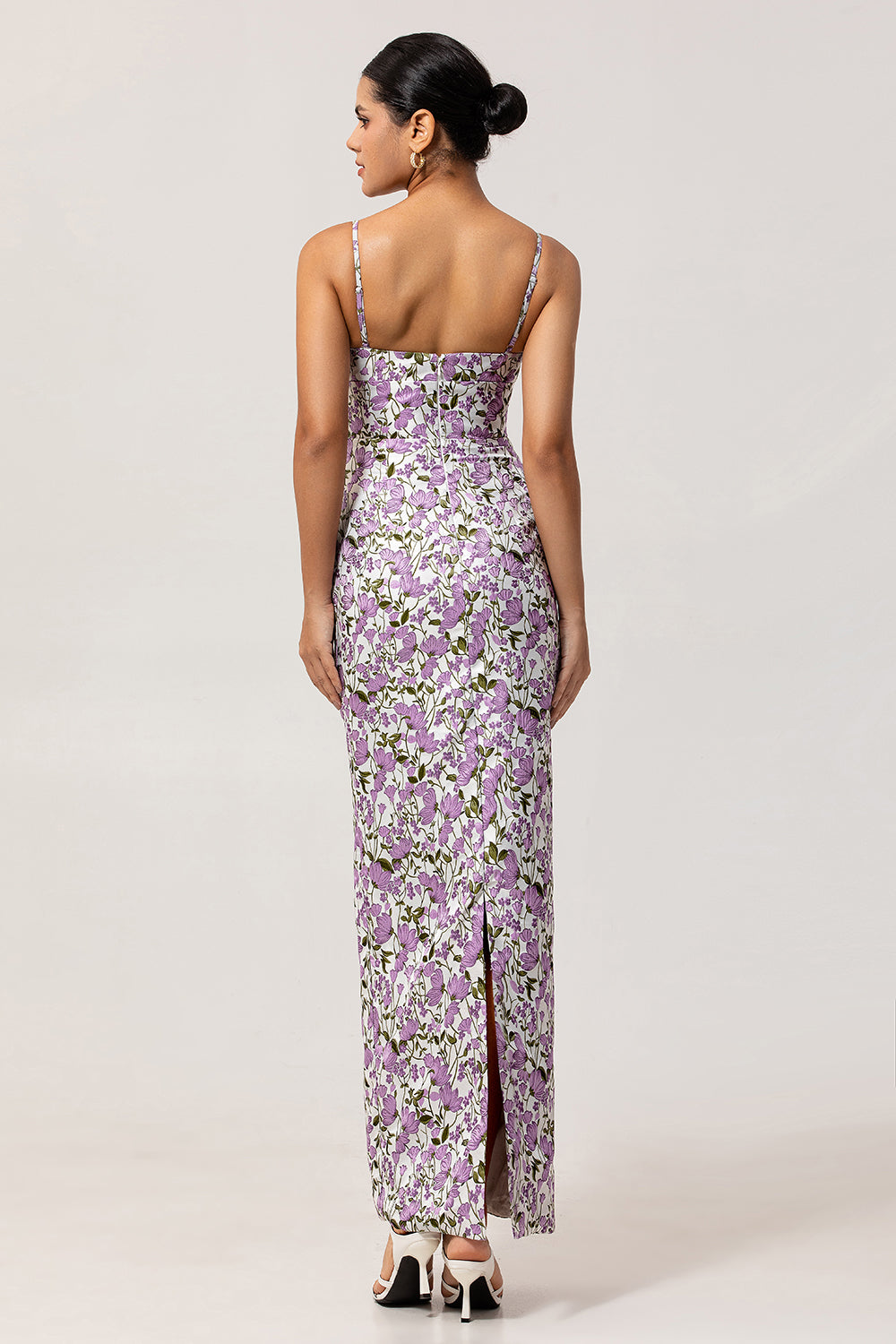 Purple Floral Sheath Printed Spaghetti Straps Long Bridesmaid Dress