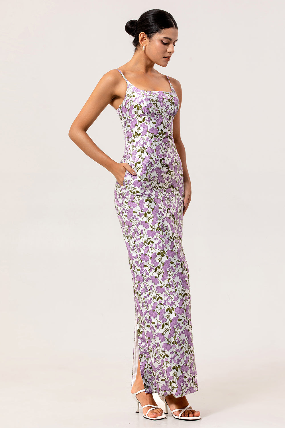 Purple Floral Sheath Printed Spaghetti Straps Long Bridesmaid Dress
