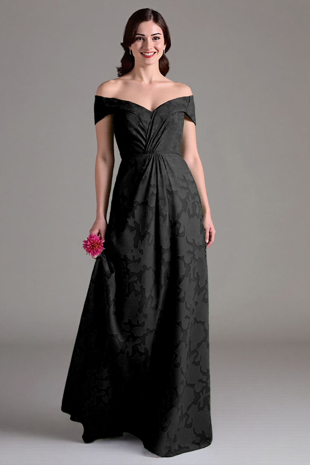 Vestido largo de coro A-line floral verde salvia con hombros descubiertos
