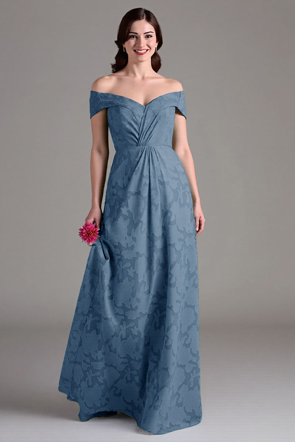 Vestido largo de coro A-line floral verde salvia con hombros descubiertos