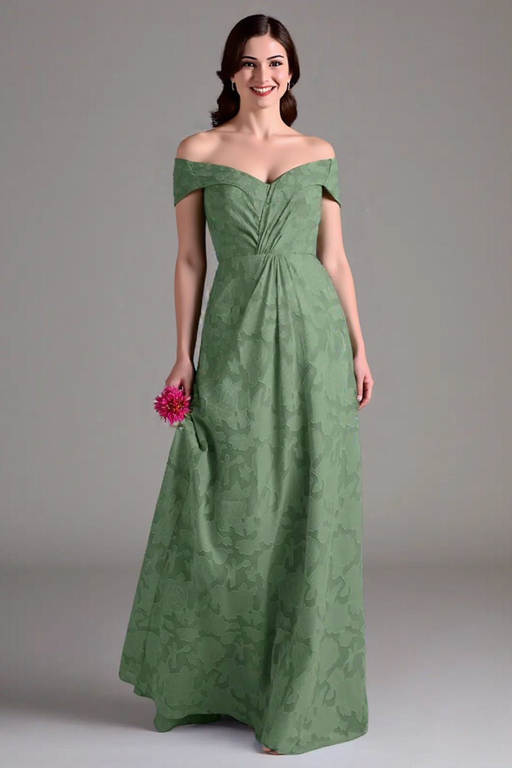 Vestido largo de coro A-line floral verde salvia con hombros descubiertos