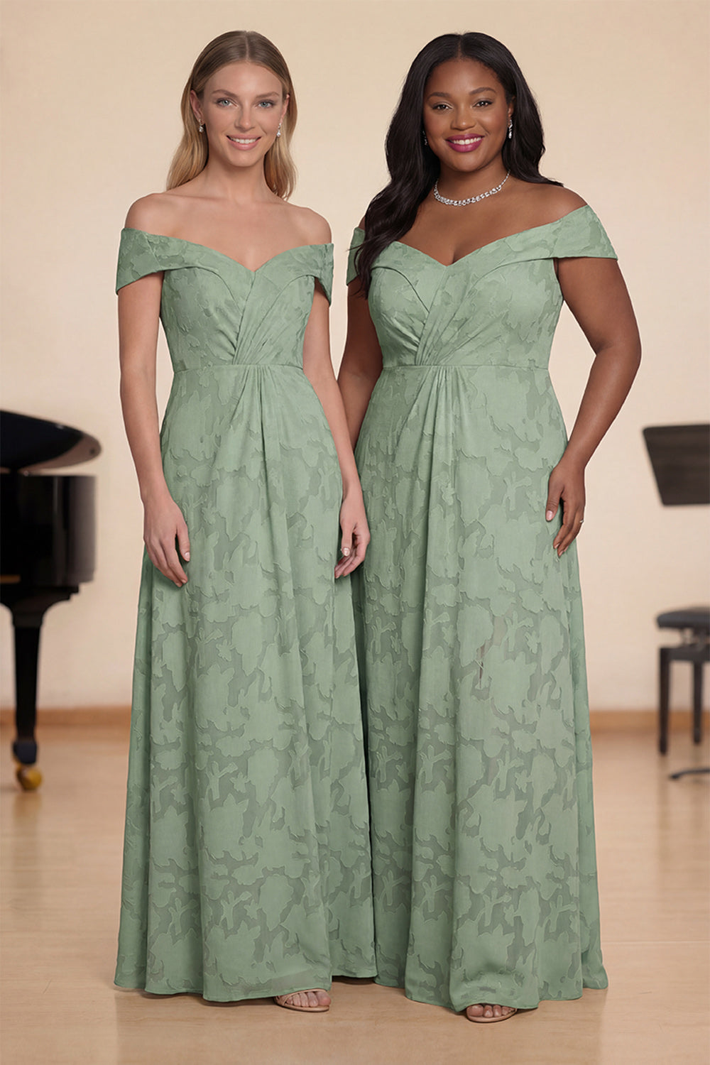 Vestido largo de coro A-line floral verde salvia con hombros descubiertos