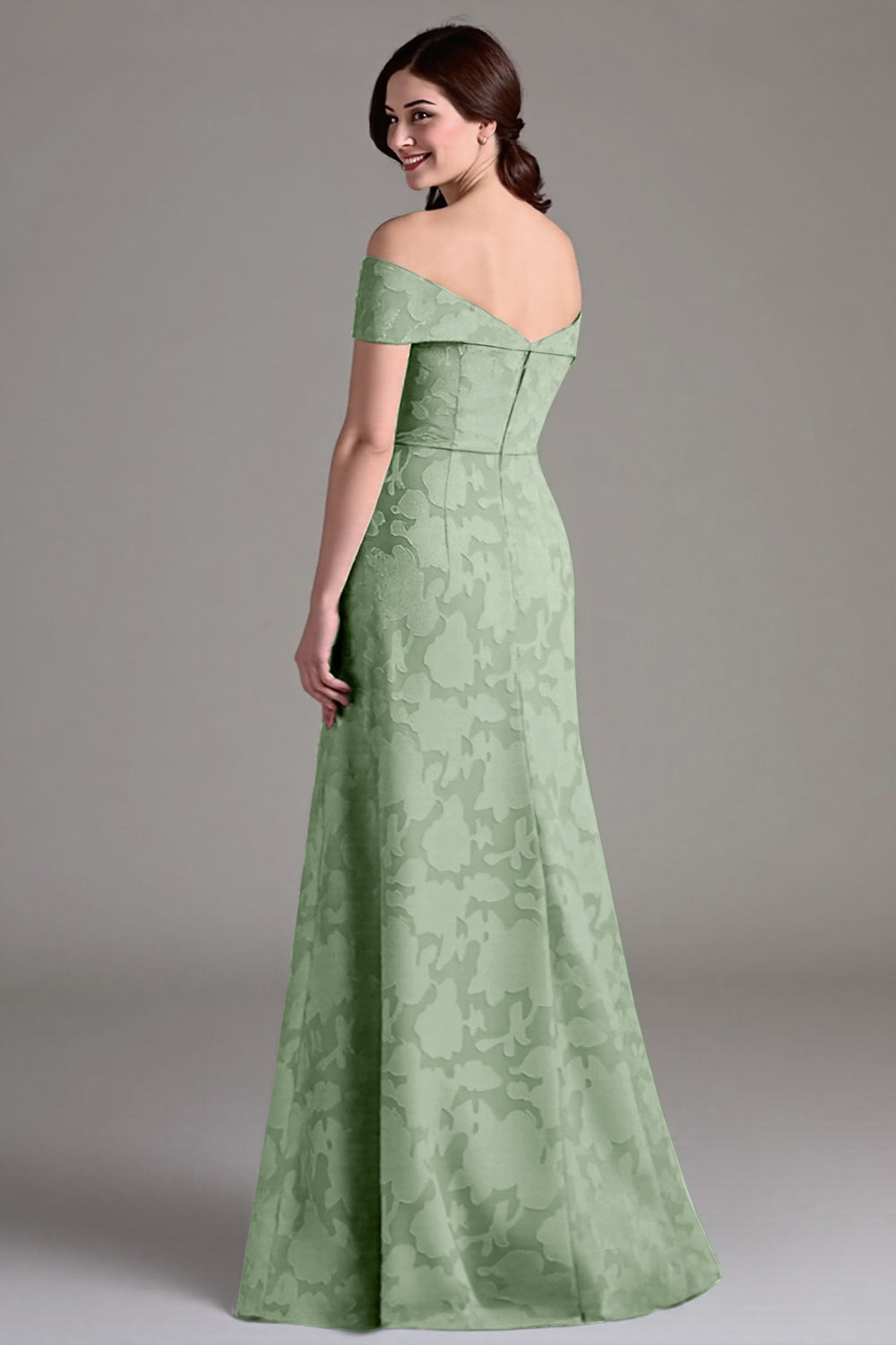 Vestido largo de coro A-line floral verde salvia con hombros descubiertos