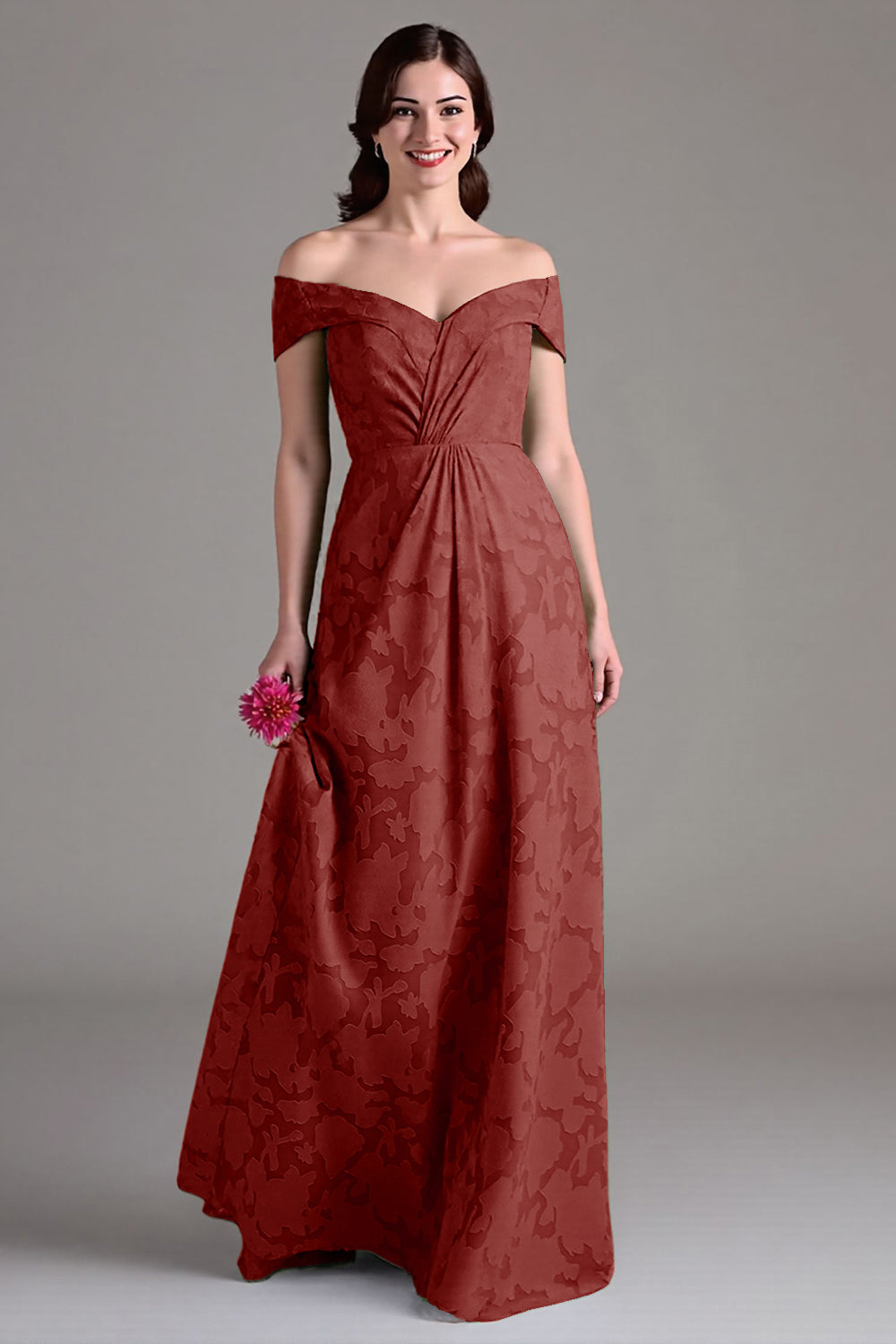 Vestido largo de coro A-line floral verde salvia con hombros descubiertos