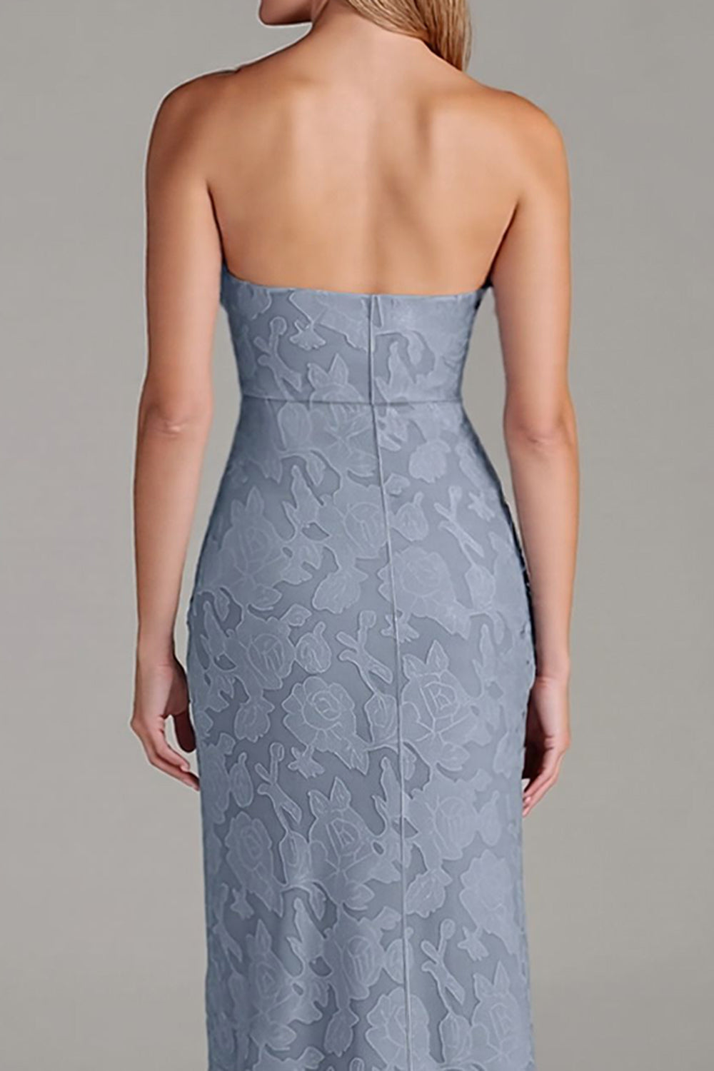 Robe de demoiselle d'honneur longue fourreau bustier bleu poussière
