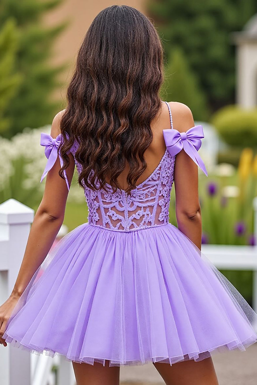 Lavender Tulle A-Line Short Prom Dress with Bows