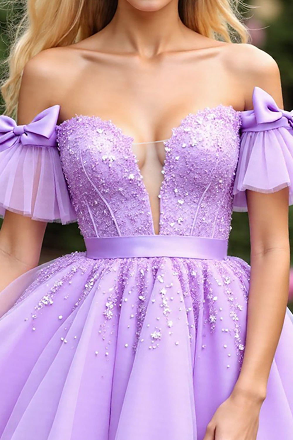 Lavender Tulle Ruffled Short Sleeves Corset Mini Prom Dress with Appliques