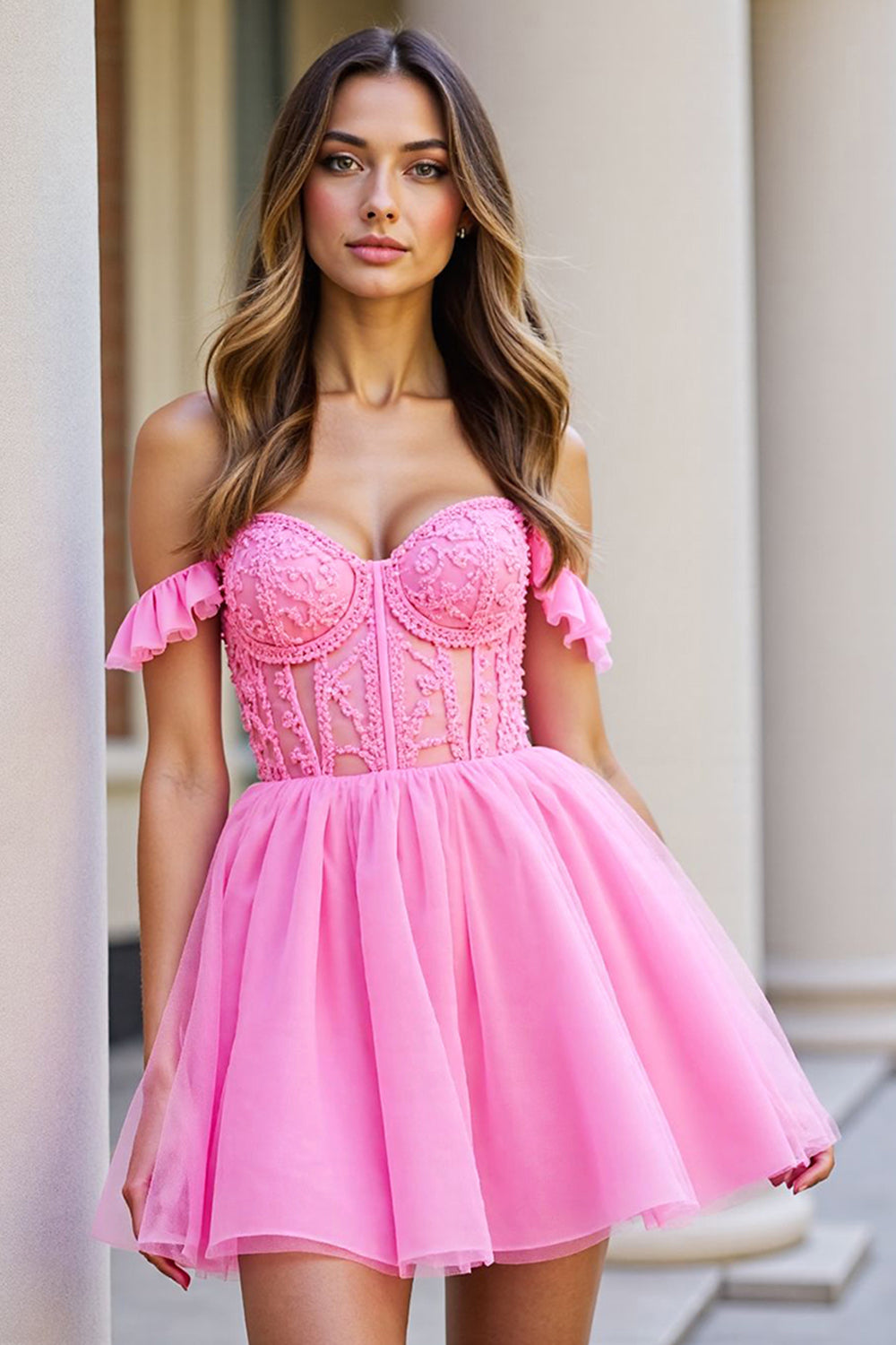 Ruffled Pink Corset Tulle Short Prom Dress with Appliques