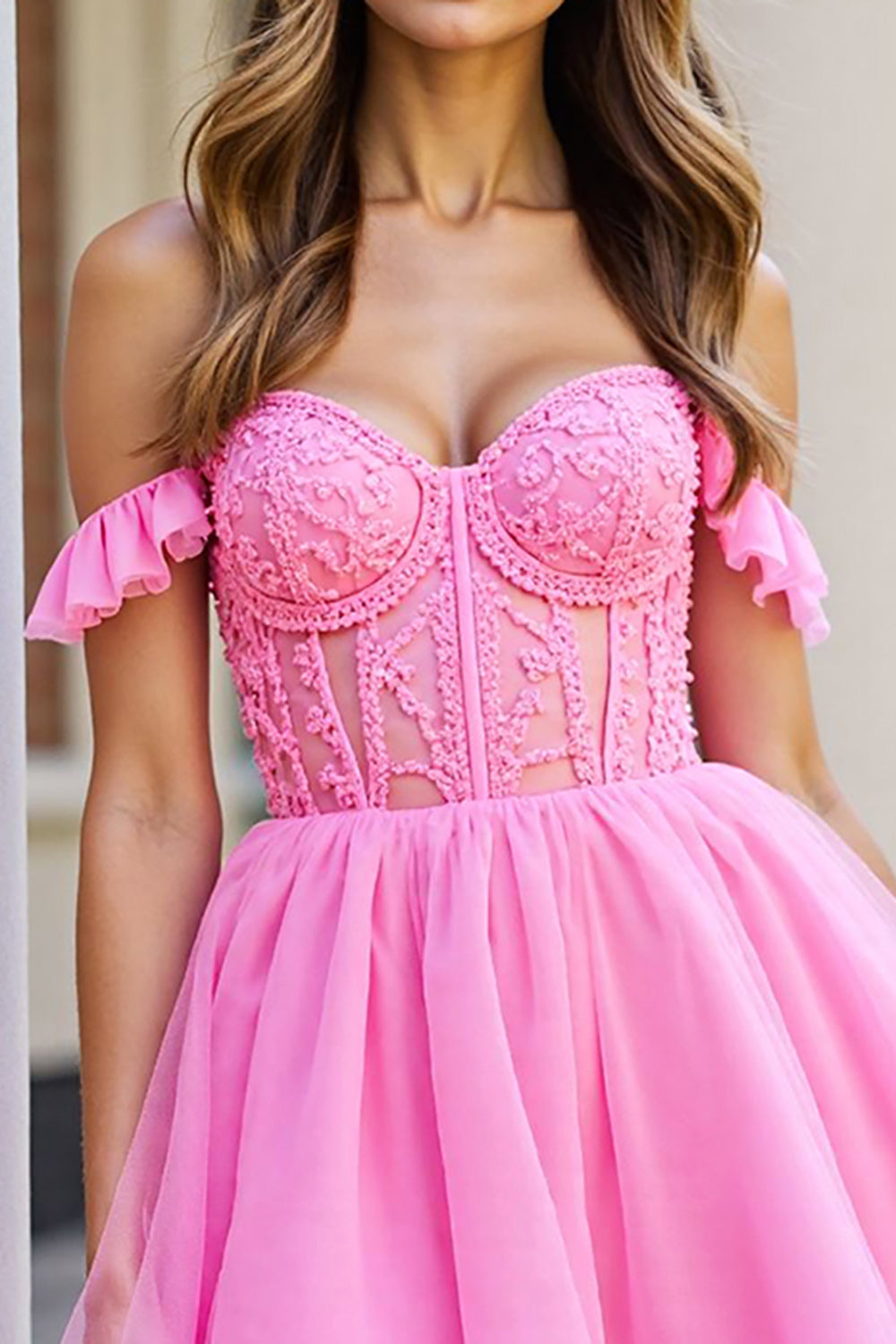 Ruffled Pink Corset Tulle Short Prom Dress with Appliques