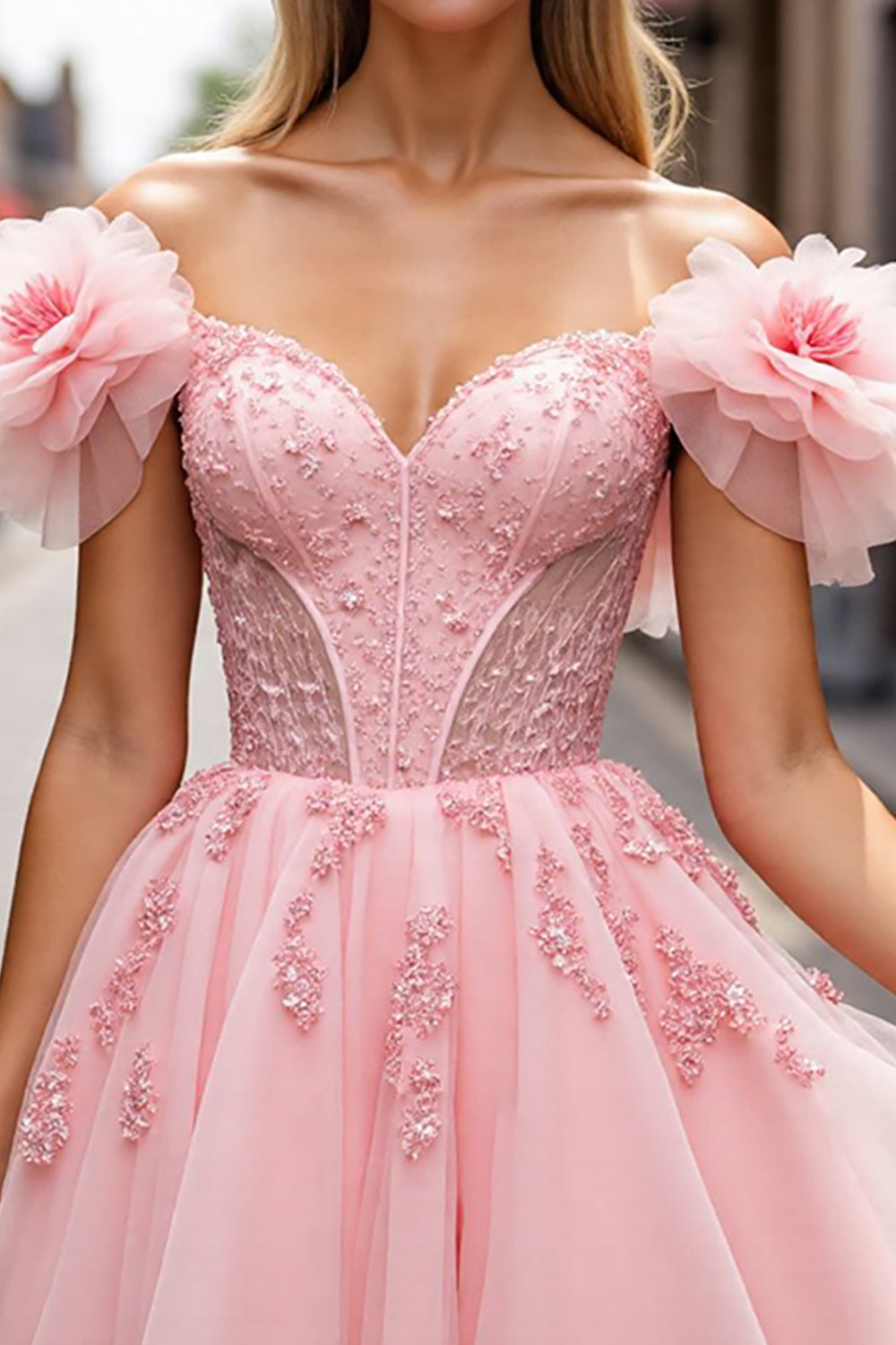 Robe de bal courte corset Blush Floral avec Appliques