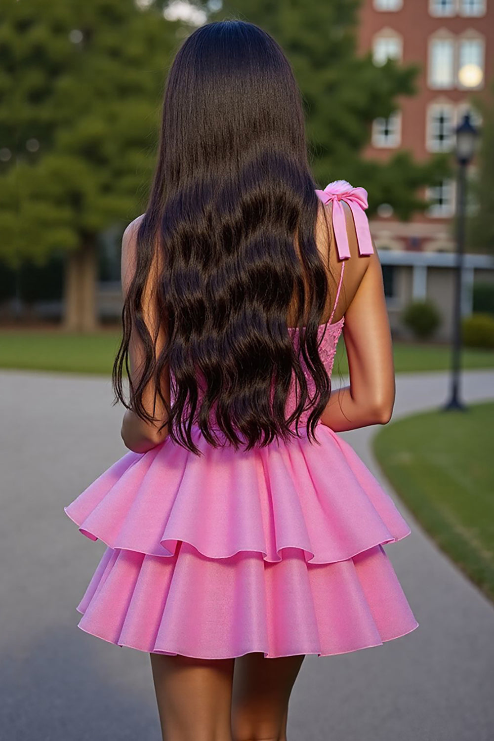 Robe courte de bal rose à volants, corset et nœuds