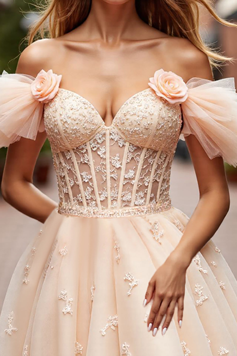 Champagne Corset Floral Short Prom Dress with Appliques