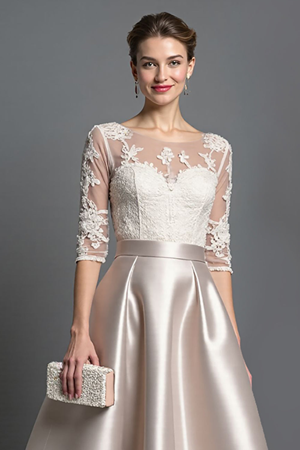 Vestido de Madre de la Novia Línea A de Satén Albaricoque con Apliques