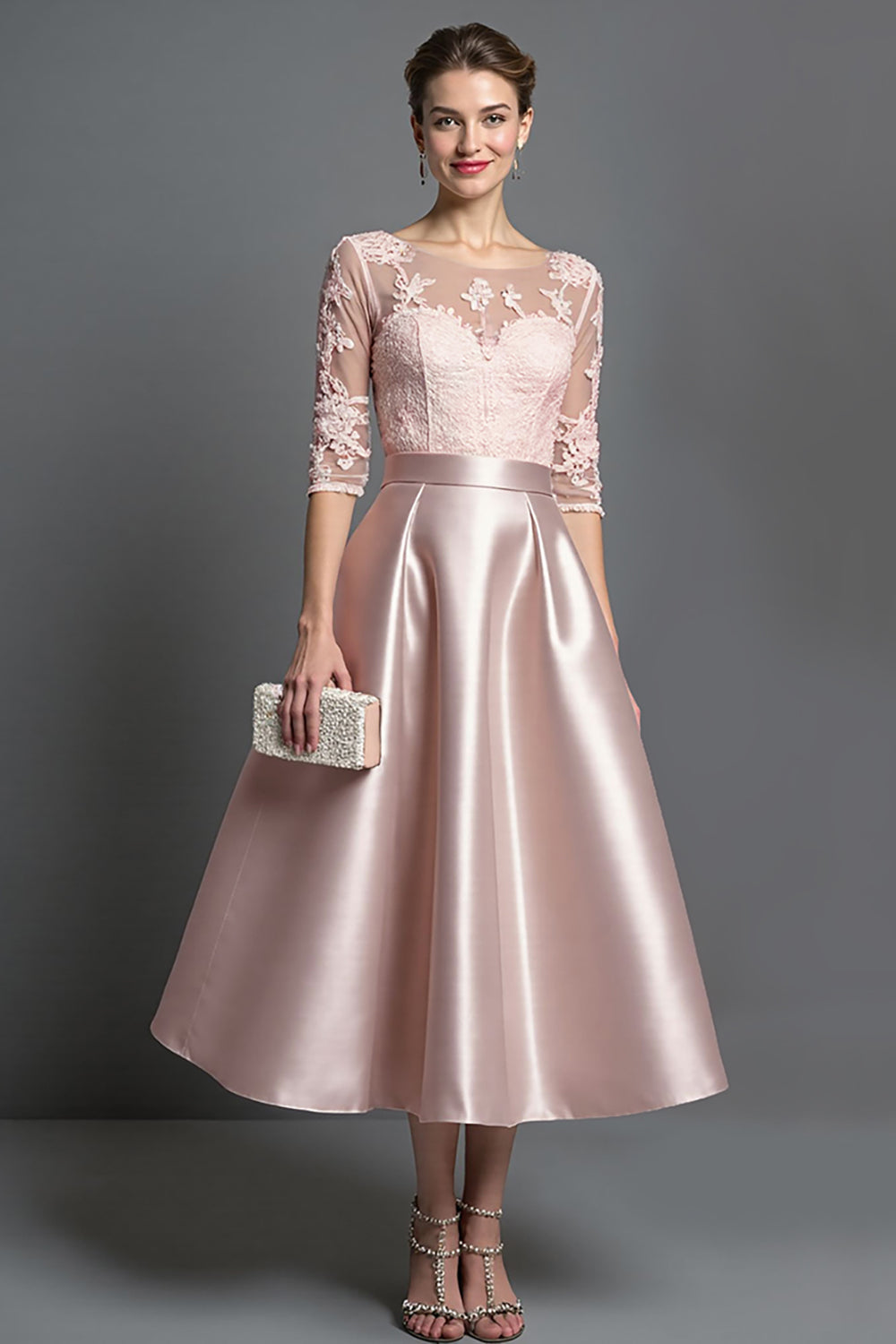 Vestido de Madre de la Novia Línea A de Satén Albaricoque con Apliques