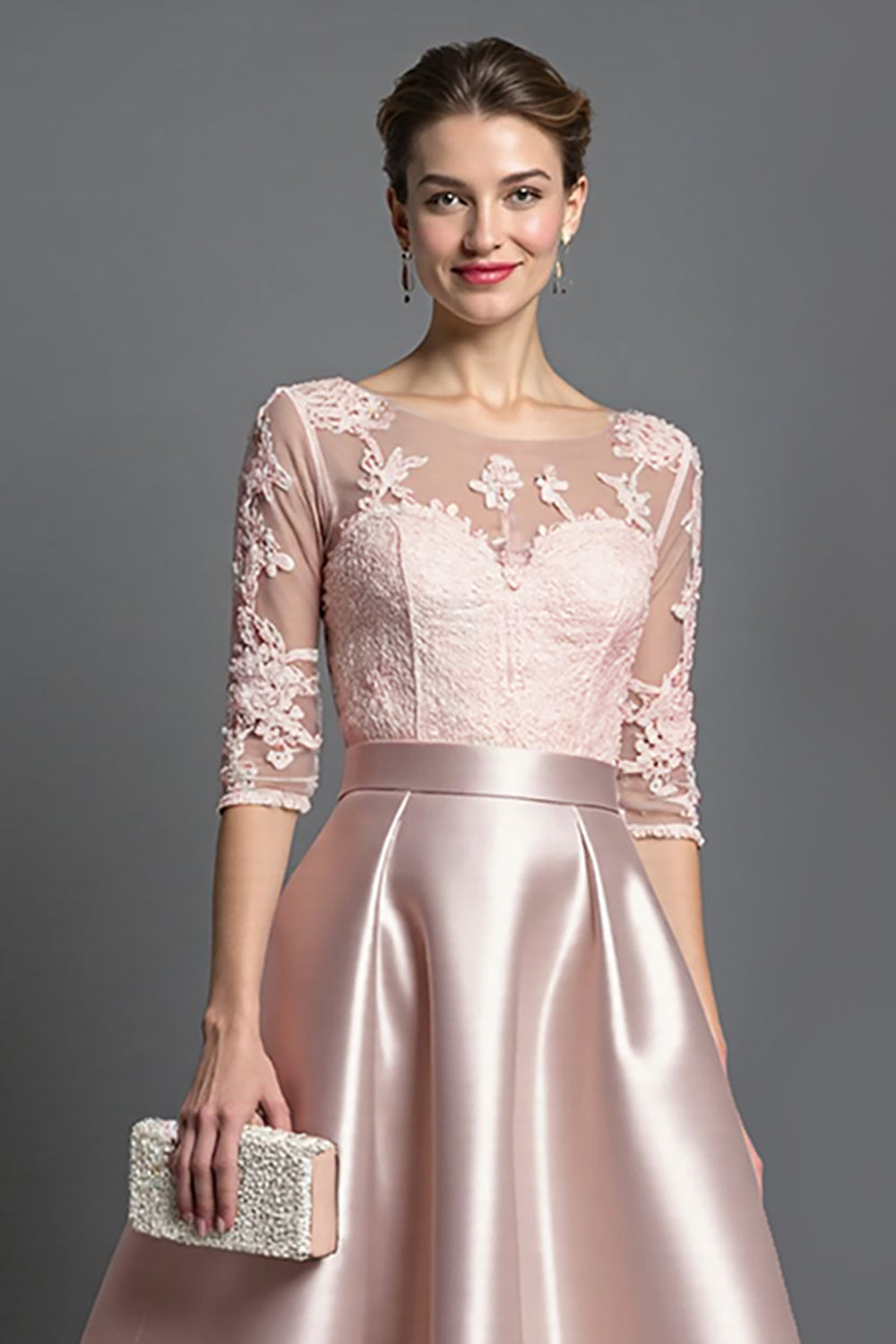 Vestido de Madre de la Novia Línea A de Satén Albaricoque con Apliques