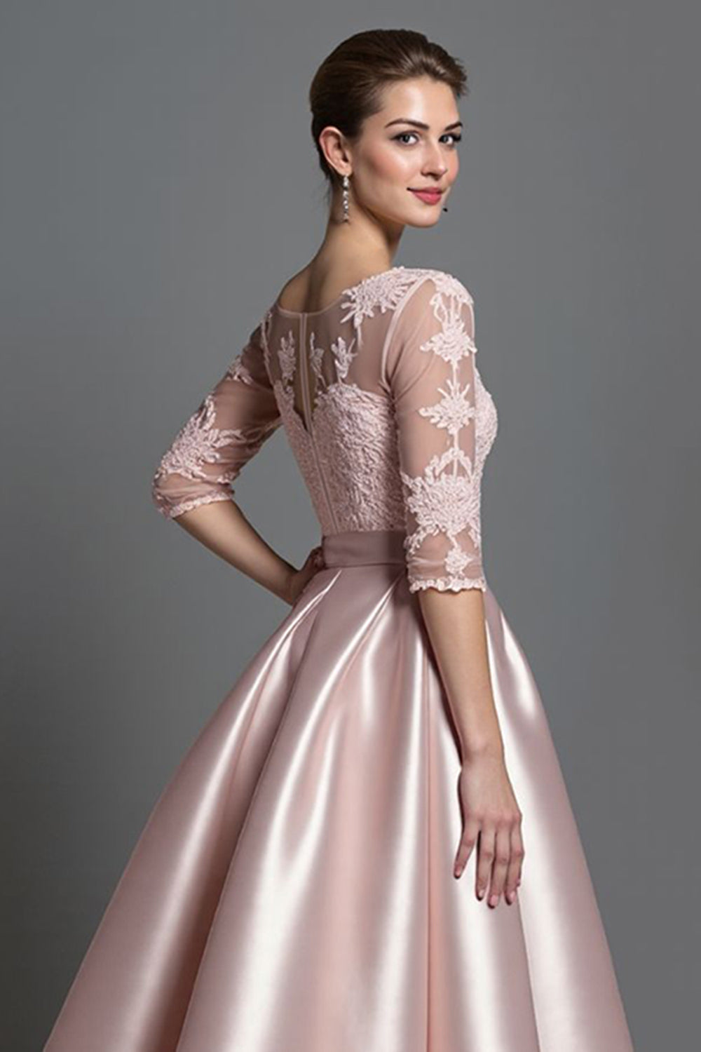 Vestido de Madre de la Novia Línea A de Satén Albaricoque con Apliques