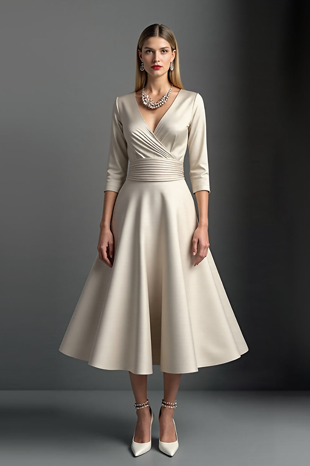 Satin Apricot A Line V Neck Mother Of The Bride Dress