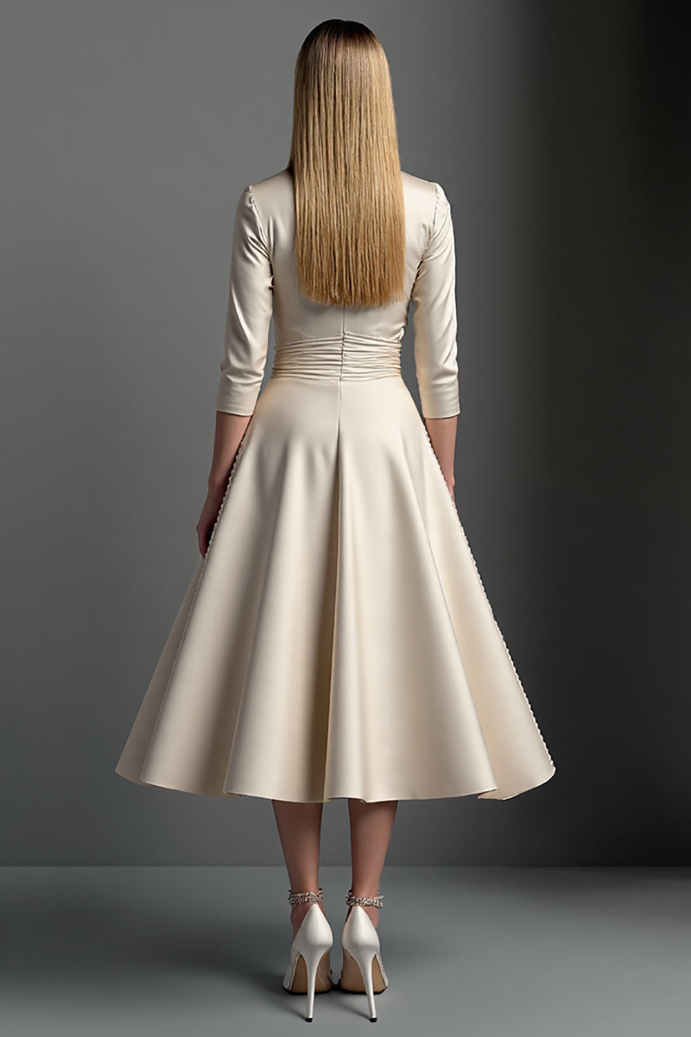Satin Apricot A Line V Neck Mother Of The Bride Dress