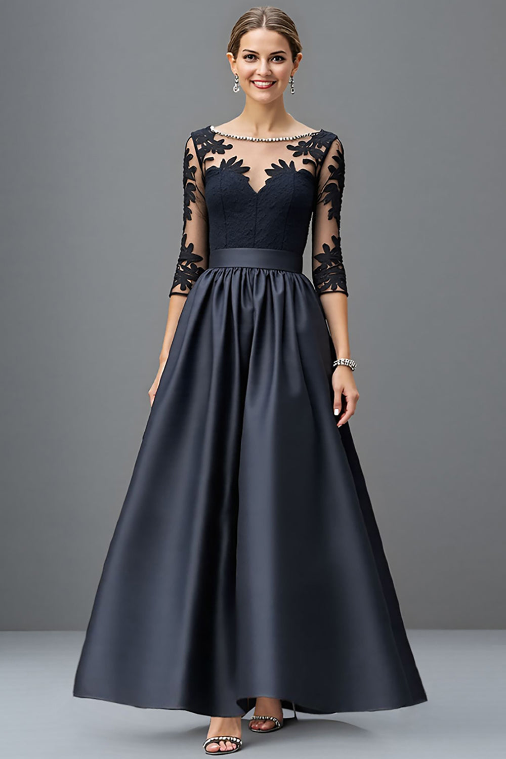 Navy A-Line Satin Mother of the Bride Dress with Appliques