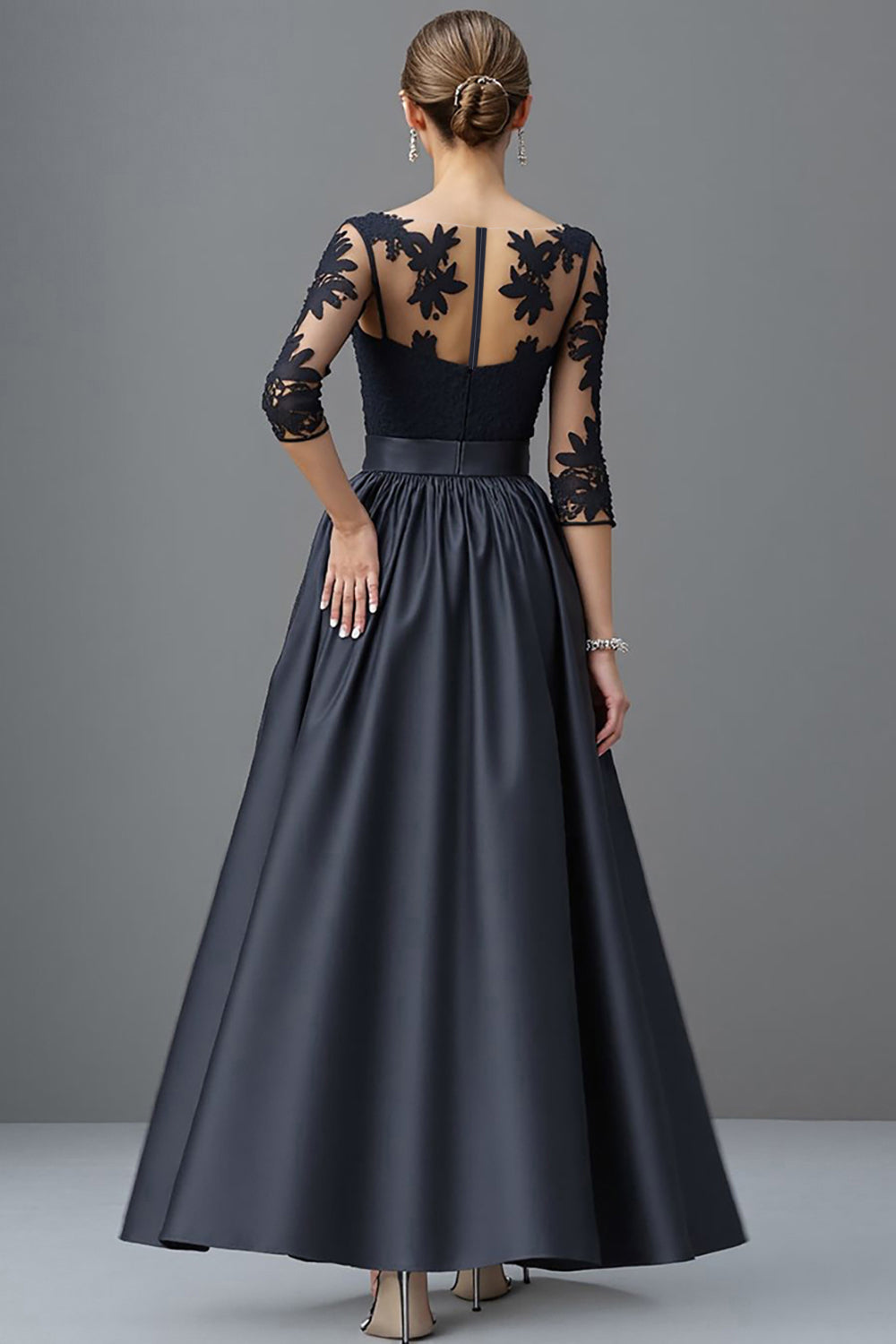 Navy A-Line Satin Mother of the Bride Dress with Appliques