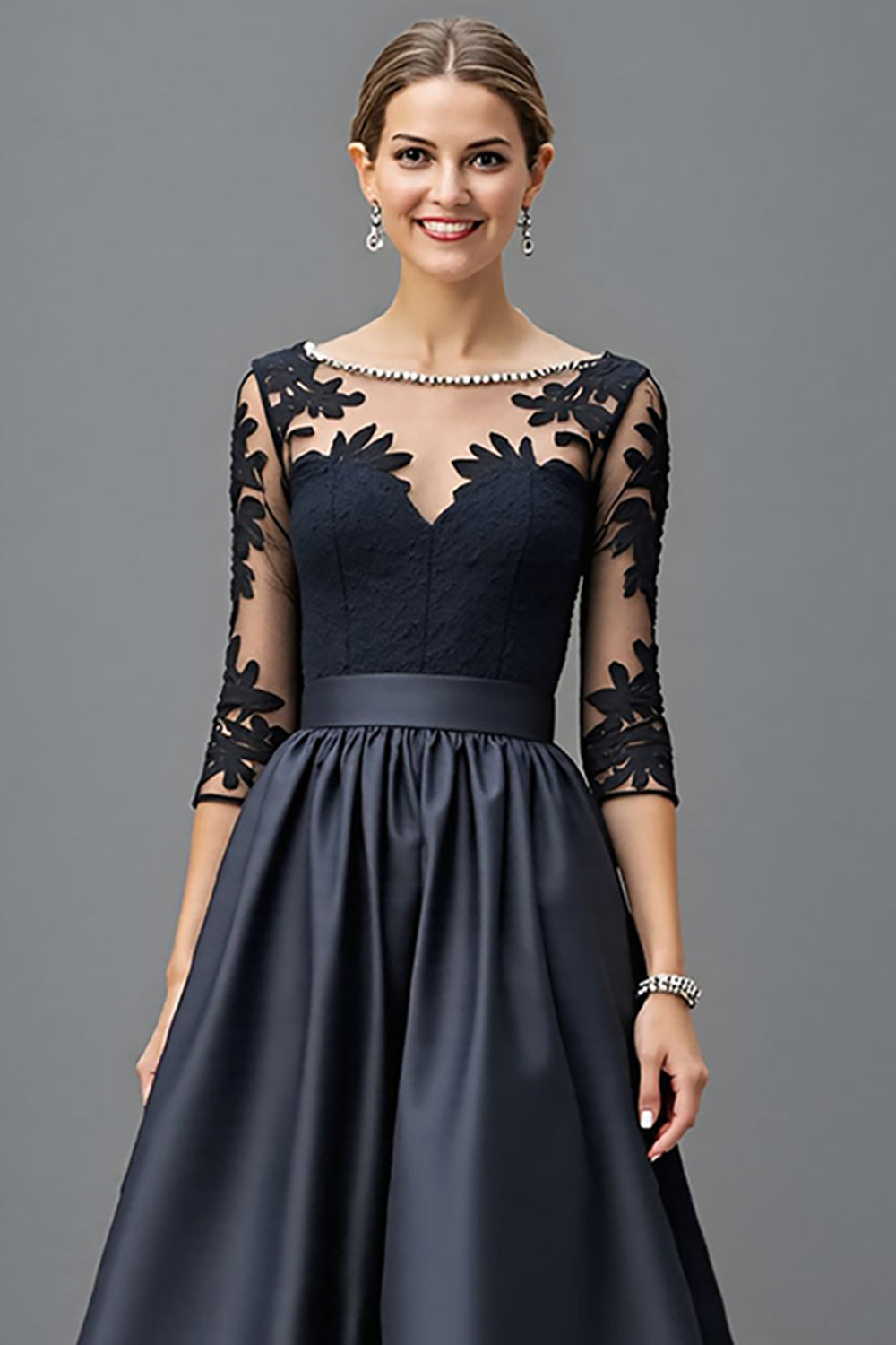 Navy A-Line Satin Mother of the Bride Dress with Appliques