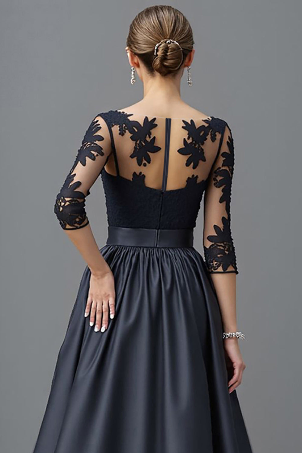 Navy A-Line Satin Mother of the Bride Dress with Appliques