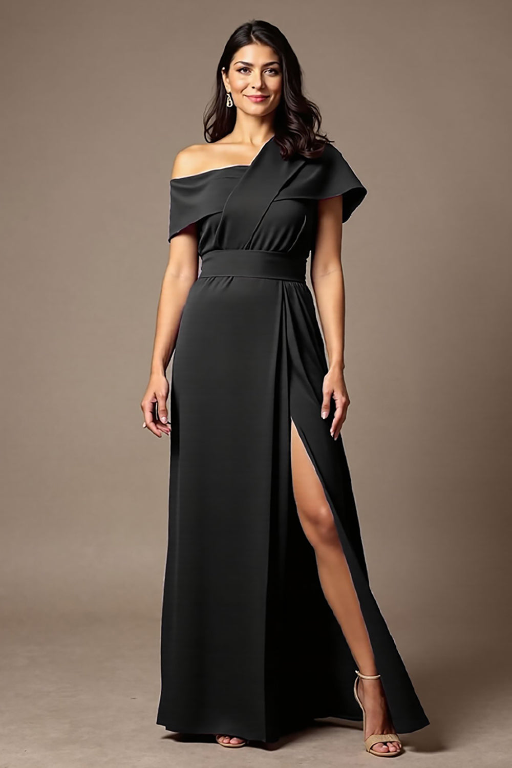 Black A-Line Satin Asymmetrical Neck Long Choir Dress with Slit