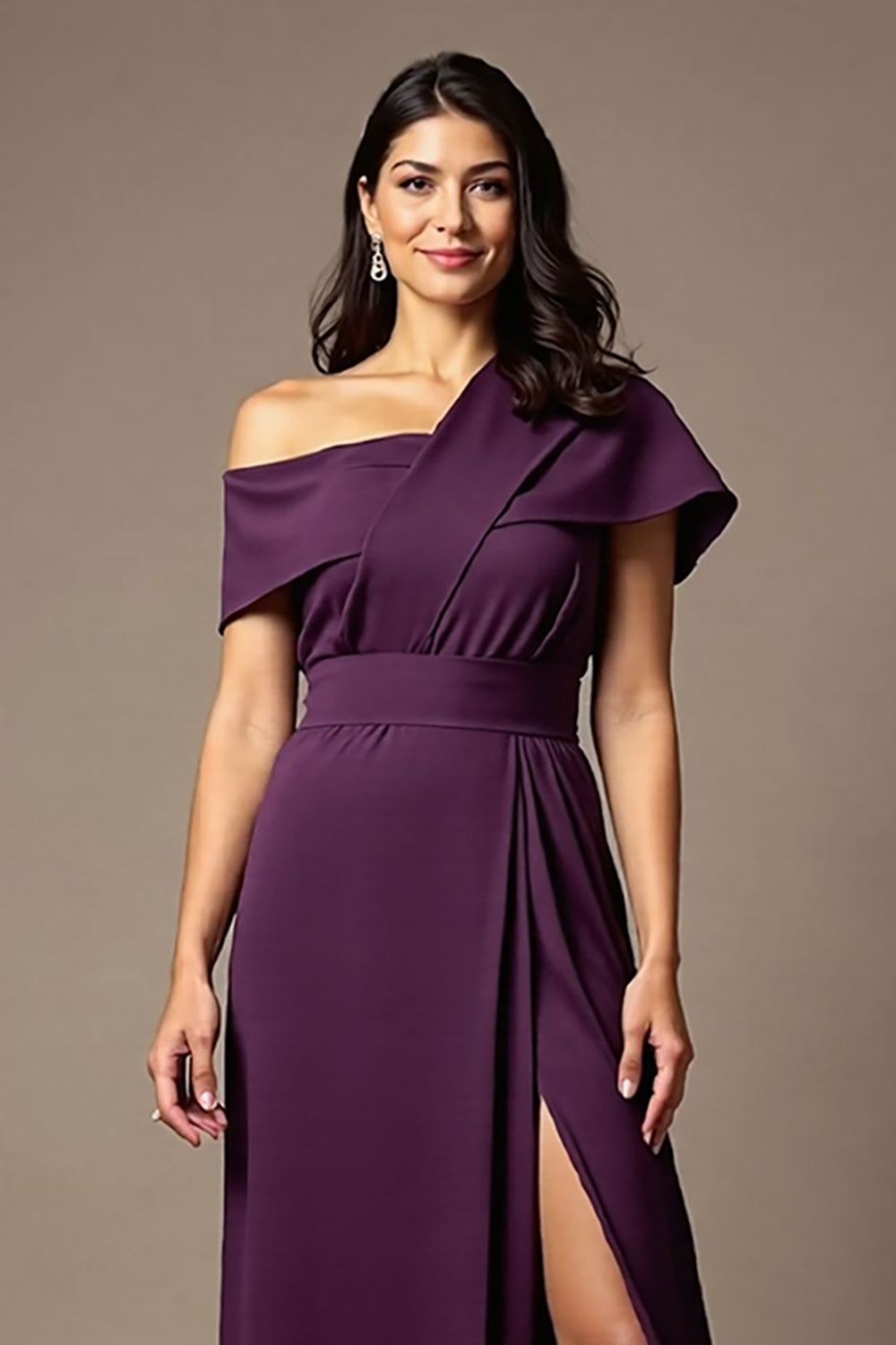 Black A-Line Satin Asymmetrical Neck Long Choir Dress with Slit