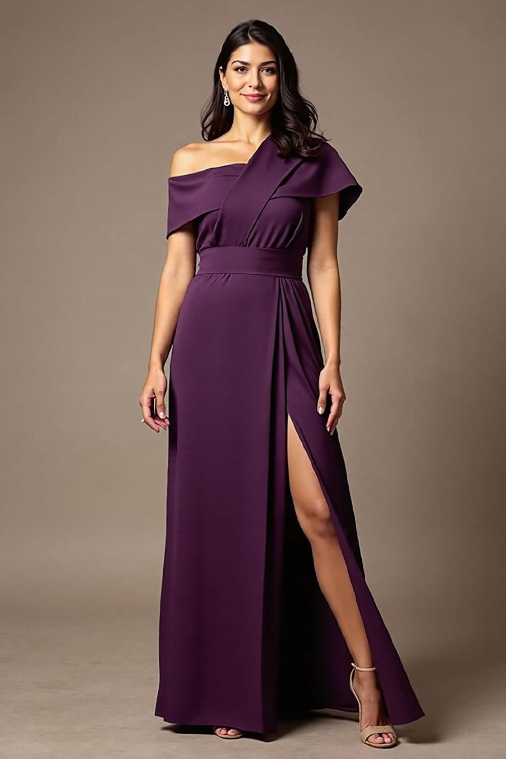 Black A-Line Satin Asymmetrical Neck Long Choir Dress with Slit